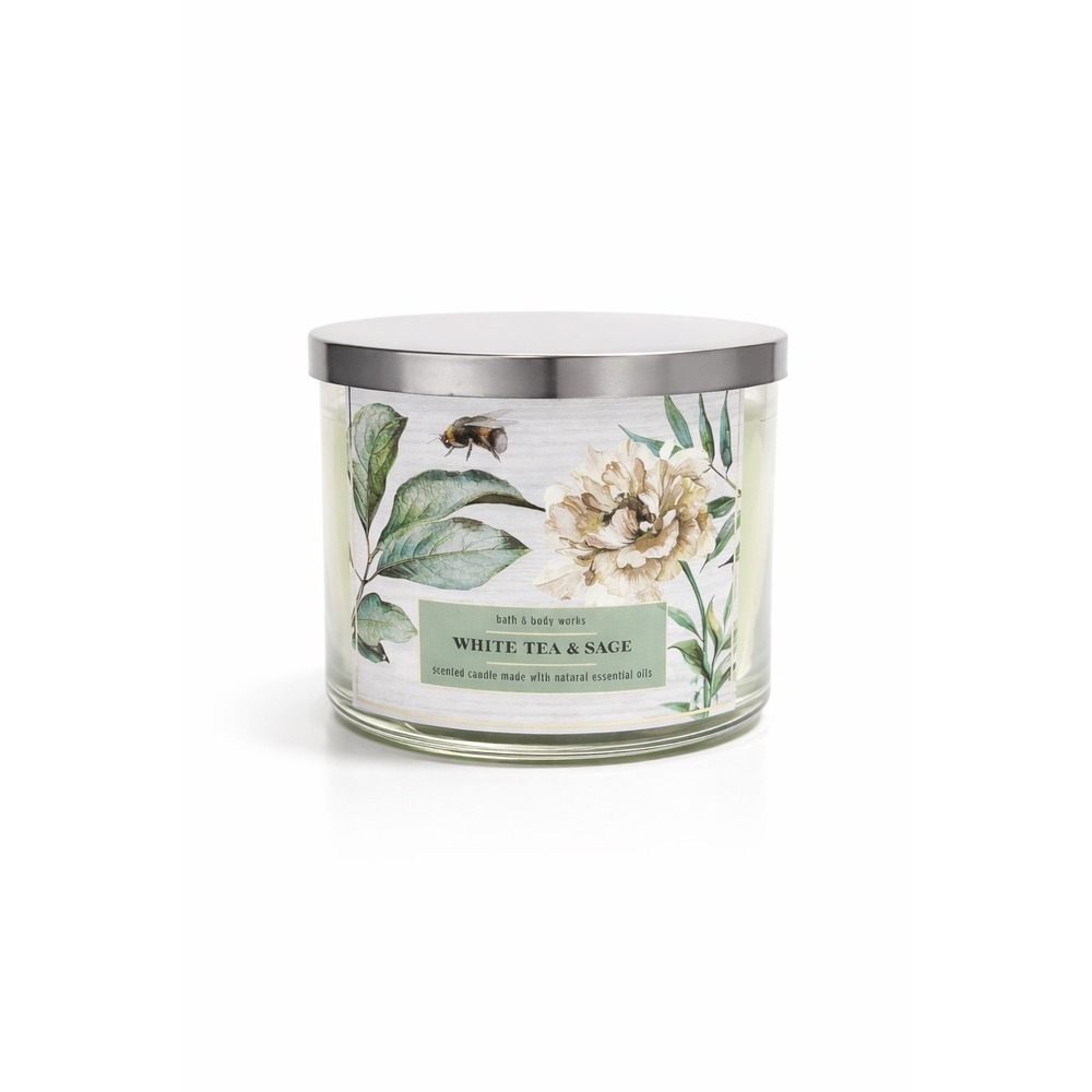 Bath & Body Works White Tea & Sage White Barn 3-Wick Candle 14.5 oz Bergamot
